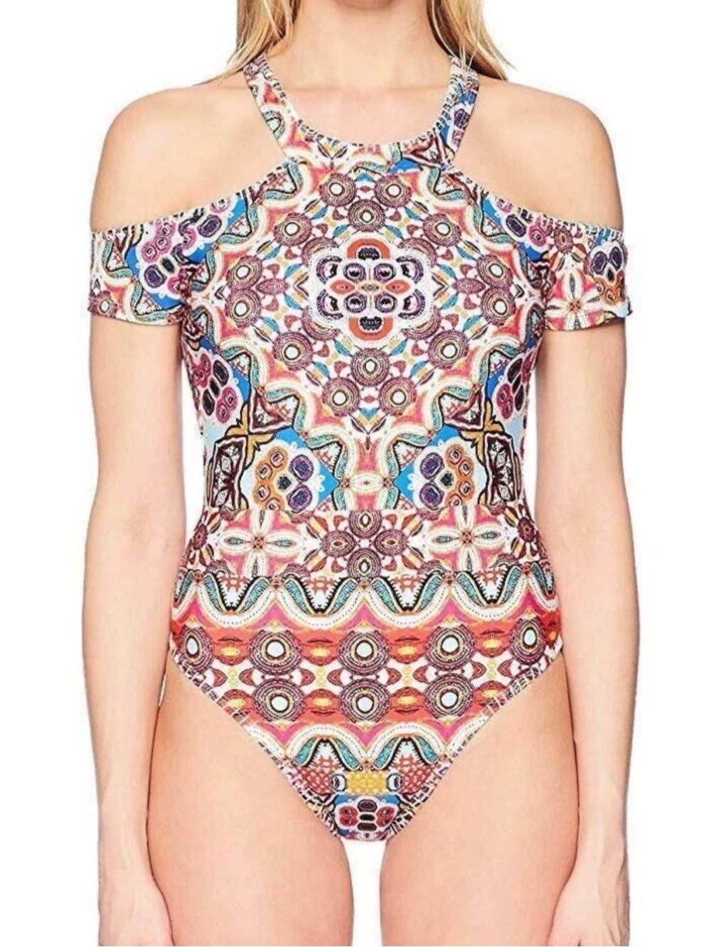 NWT Kenneth Cole Reaction  Multi Casablanca Off The Shoulder High Neck 1-Piece